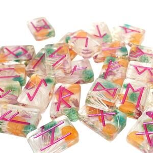 Resin Cast Futhark Runes for Divination Set of 24 Clear with dried flowers